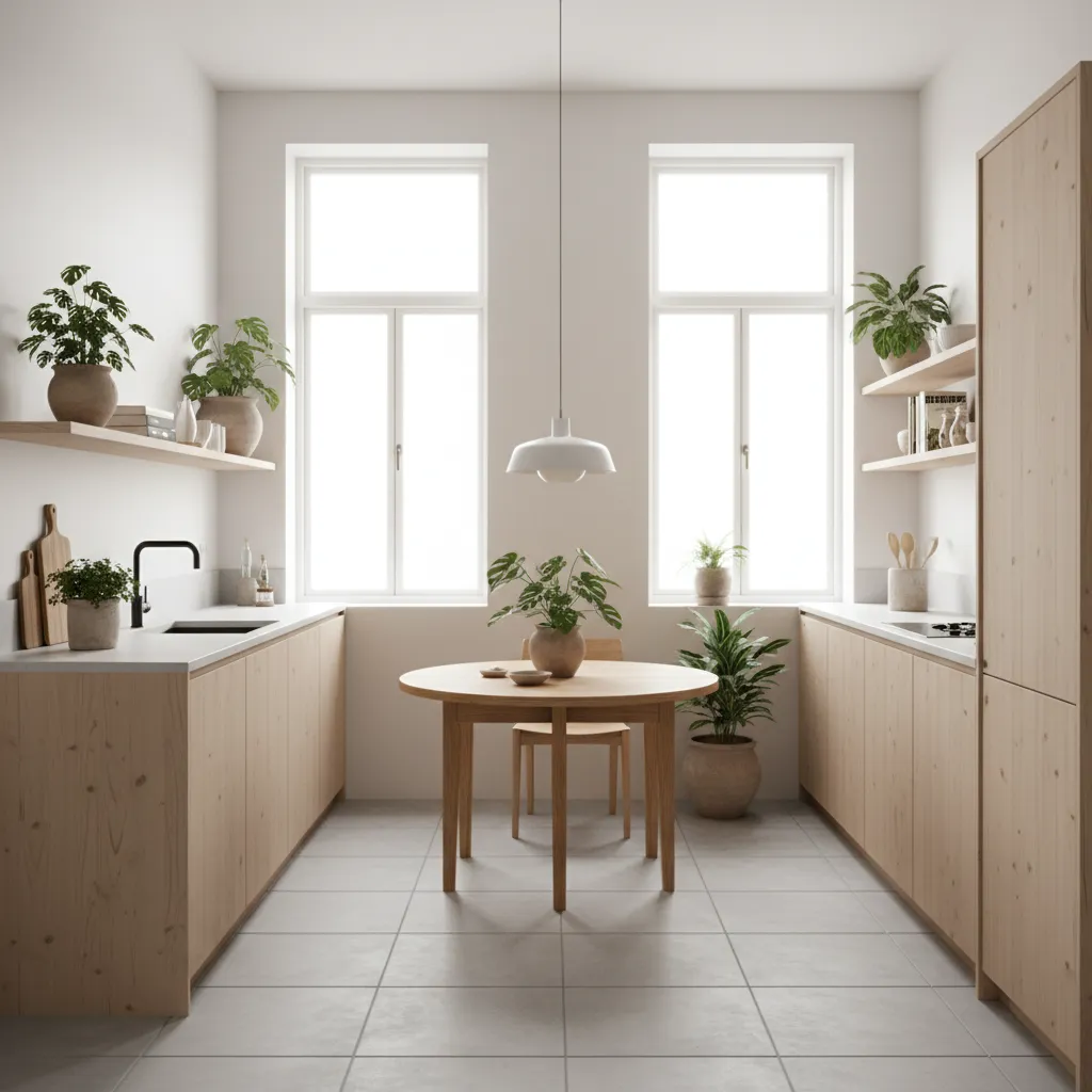 Cocina de estilo escandinavo con varias plantas decorativas