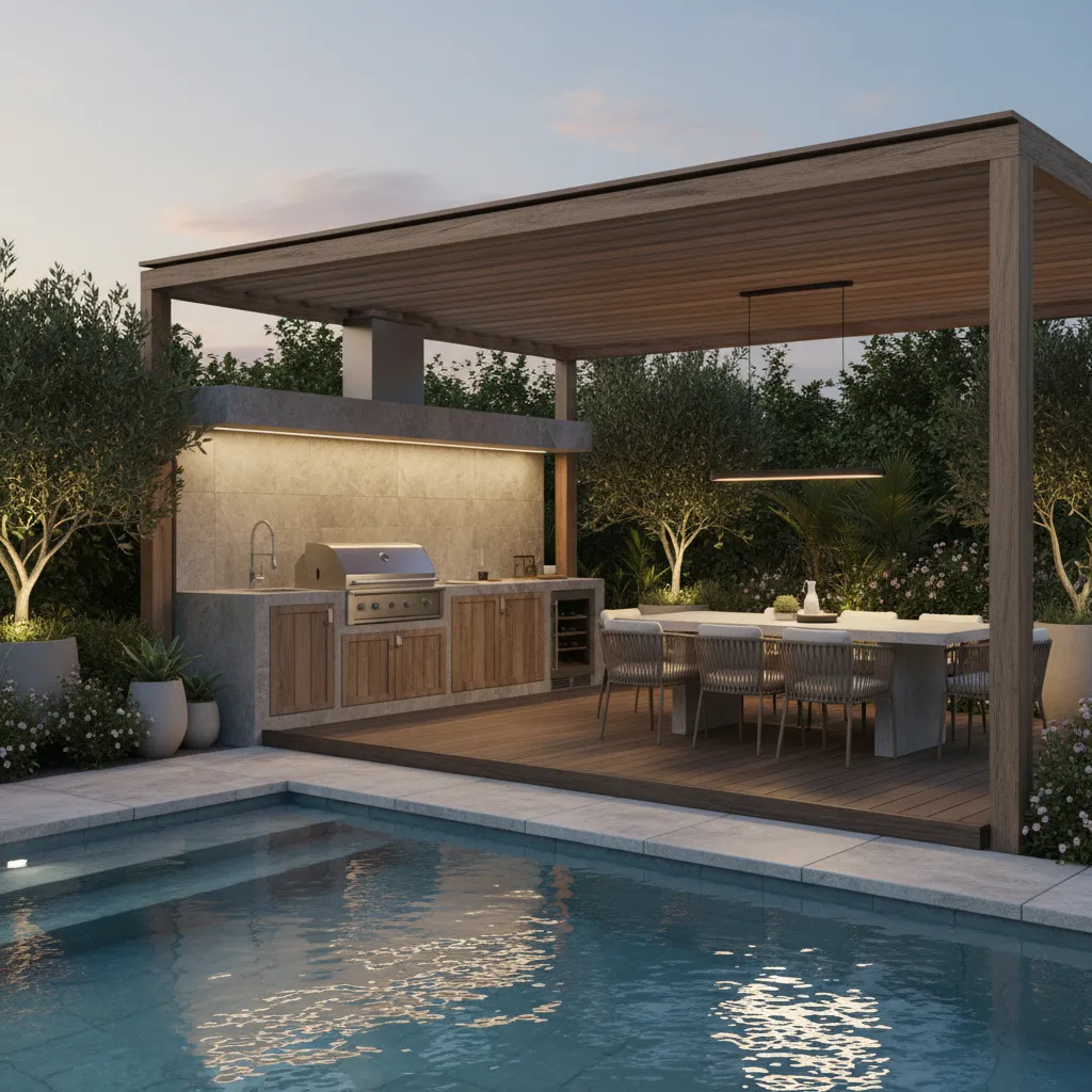 Cocina exterior moderna junto a piscina y zona de comedor en jardín