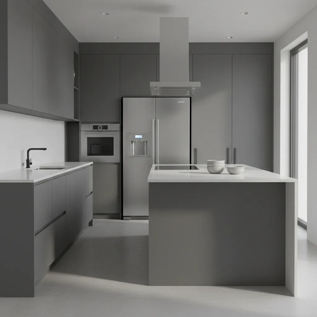 Cocina moderna con gabinetes grises y encimera clara