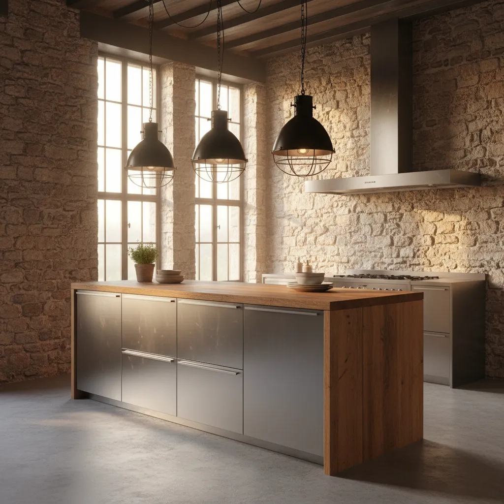 Cocina moderna en casa rural con estilo industrial y materiales naturales