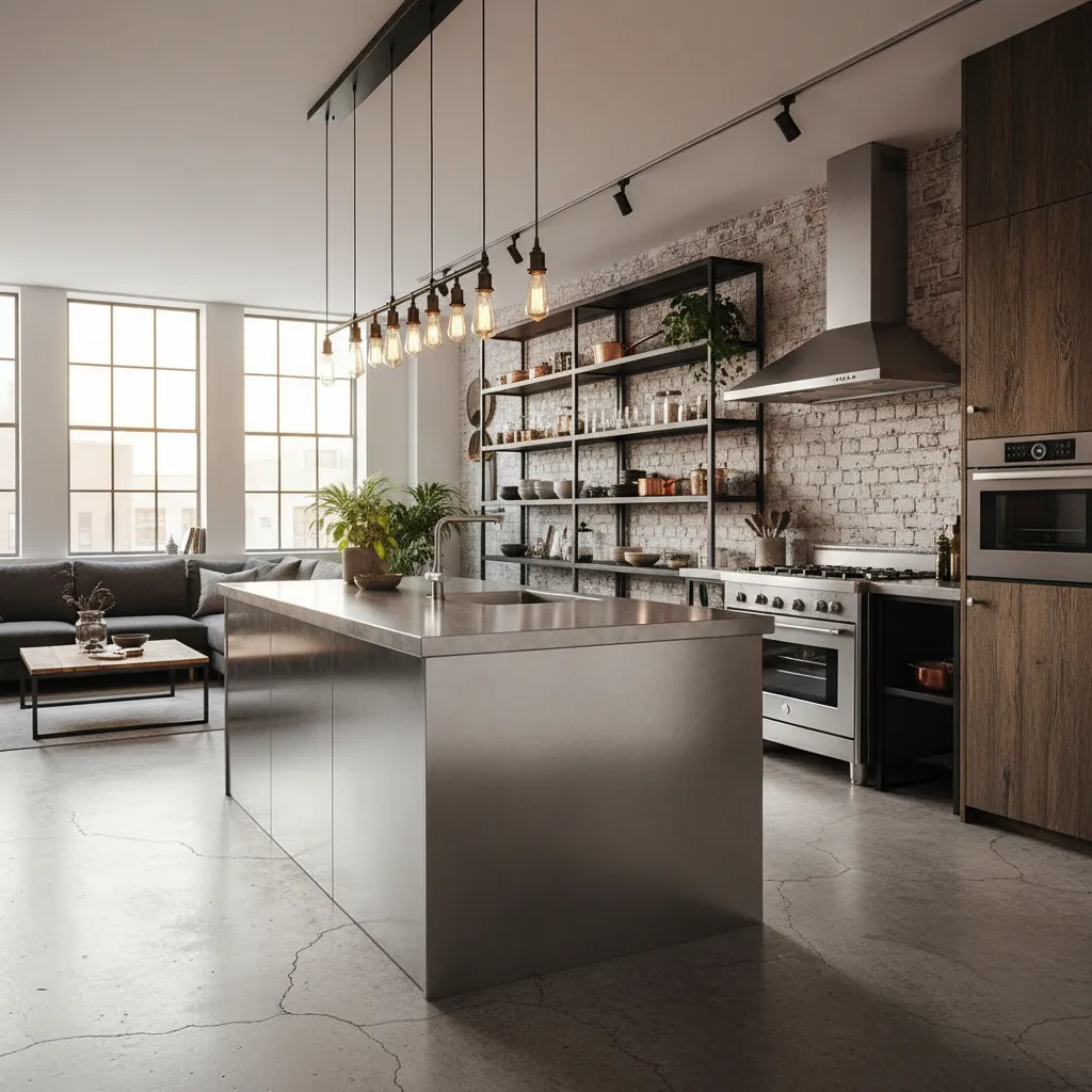 Cocina industrial con isla central de acero inoxidable y estanterías abiertas