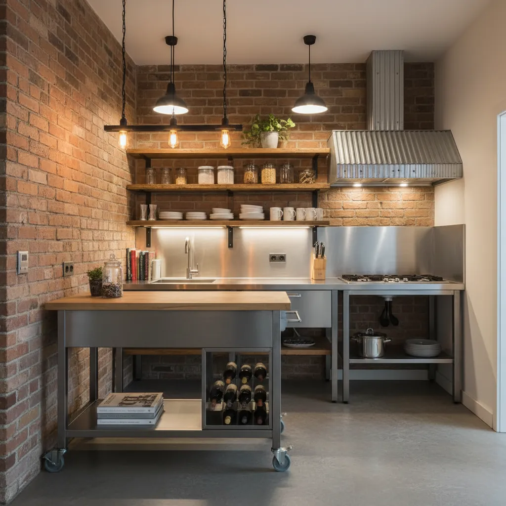 Pequeña cocina estilo industrial en apartamento moderno