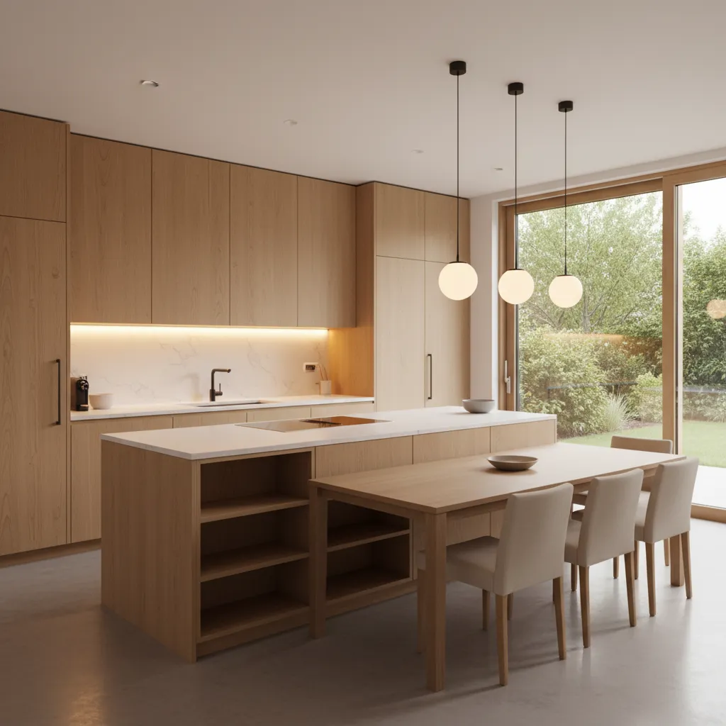 Cocina moderna integrada con comedor en casa de tamaño medio