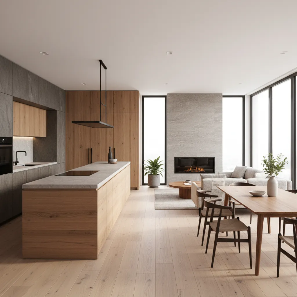 Cocina abierta integrada con comedor y sala de estar