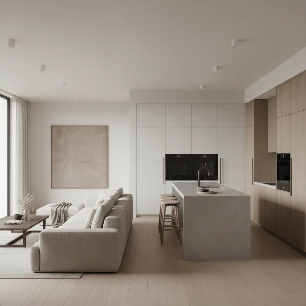 Minimalist open plan kitchen and living room with grey sofa wooden floor and stone island