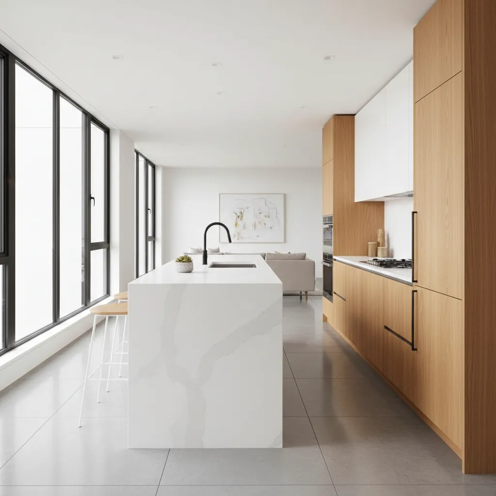 Cocina moderna con isla en casa pequeña