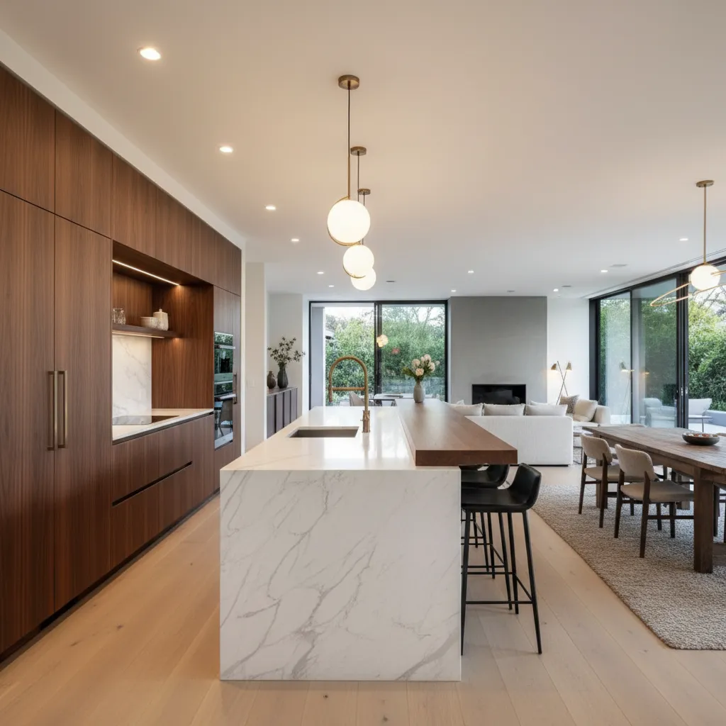 Modern kitchen with marble island wood cabinets globe ceiling lights and open plan dining room