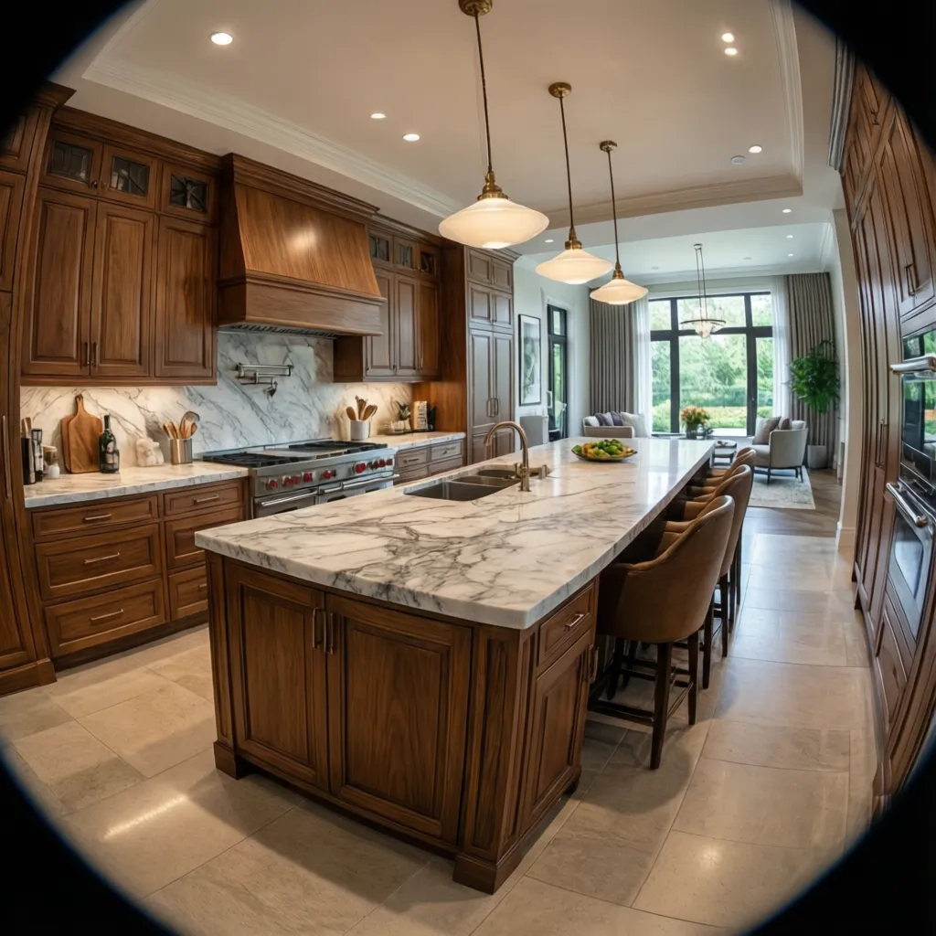 Cocina moderna con isla curva y diseño elegante
