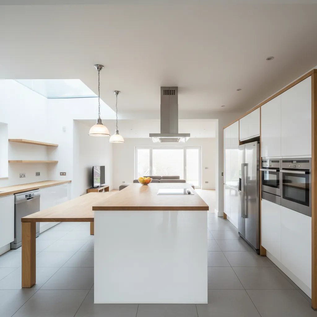 Cocina moderna con isla central y electrodomésticos integrados