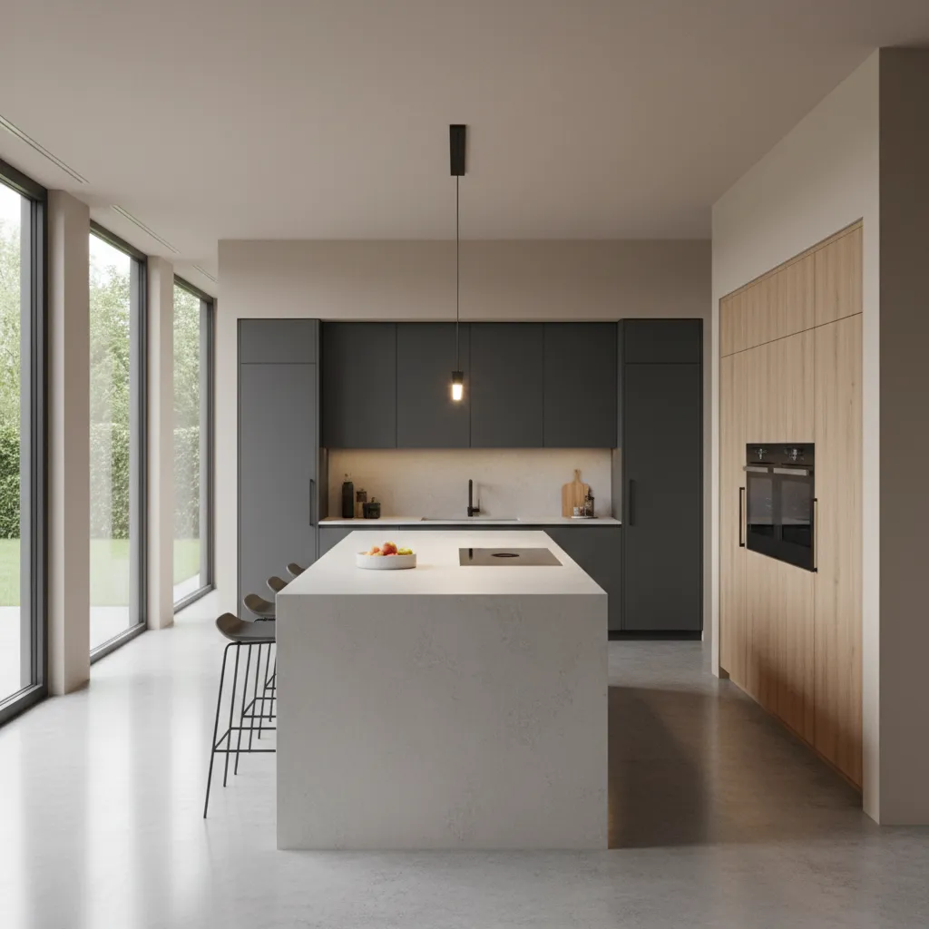 Cocina con isla central amplia y espacio de circulación