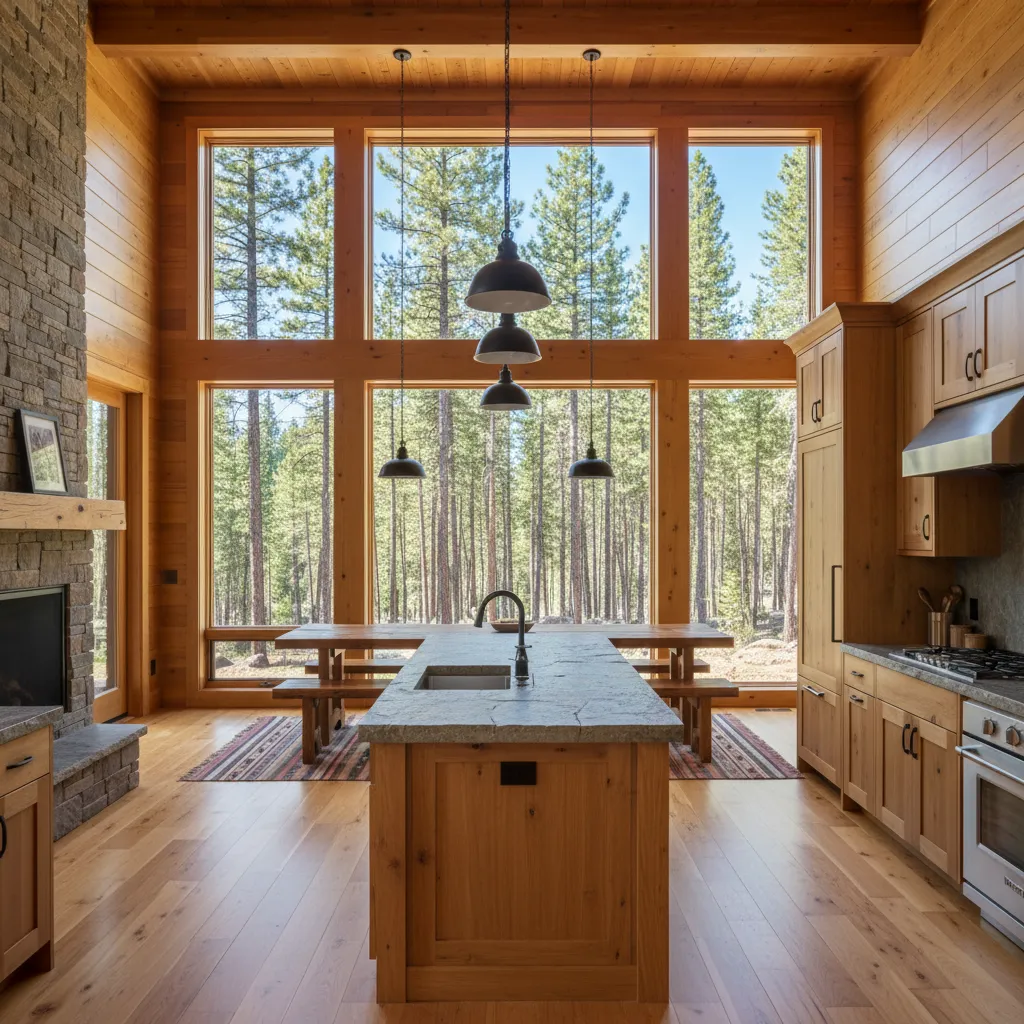 Cocina con isla frente a una gran ventana panorámica en una casa de madera