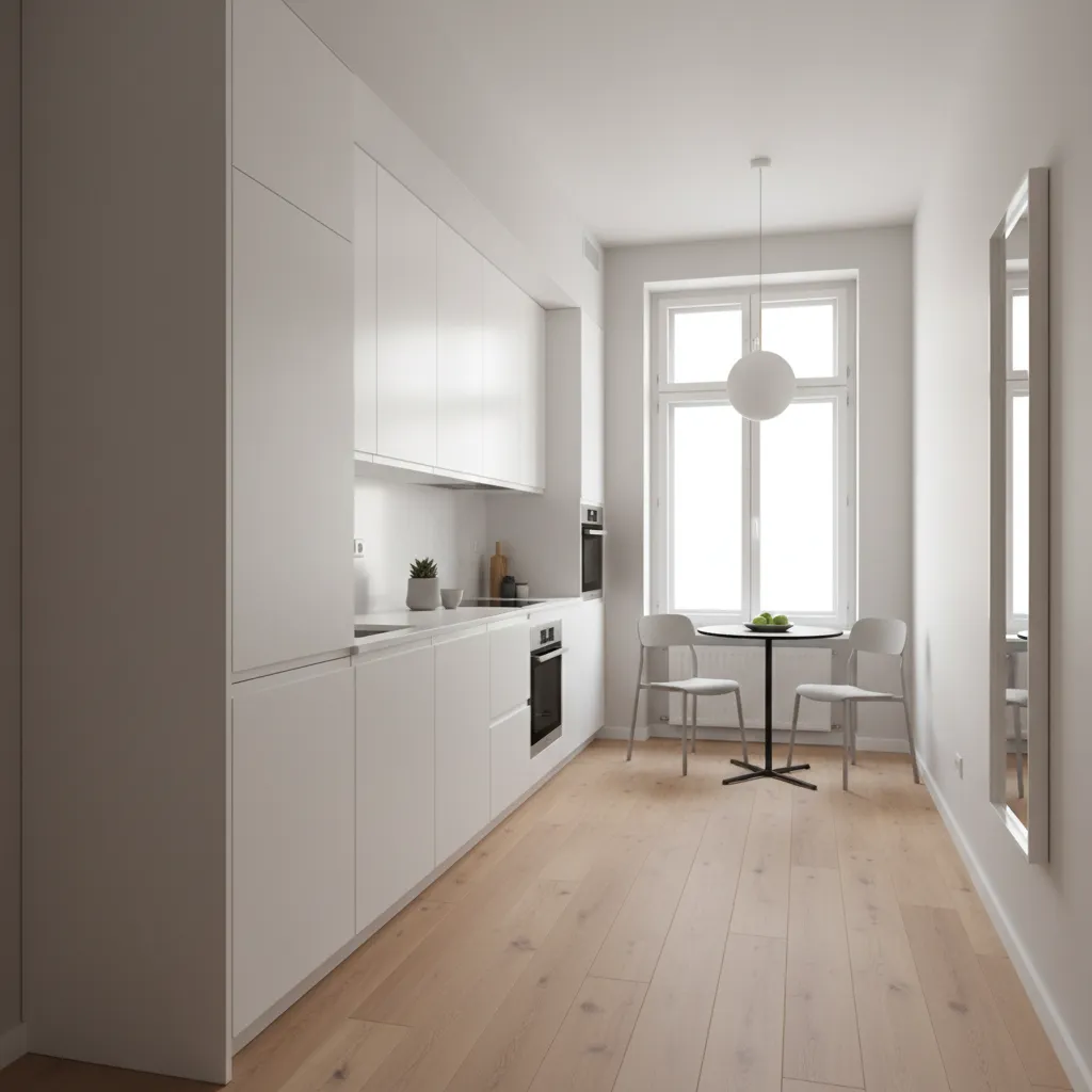 Cocina lineal situada junto a la entrada de un apartamento pequeño