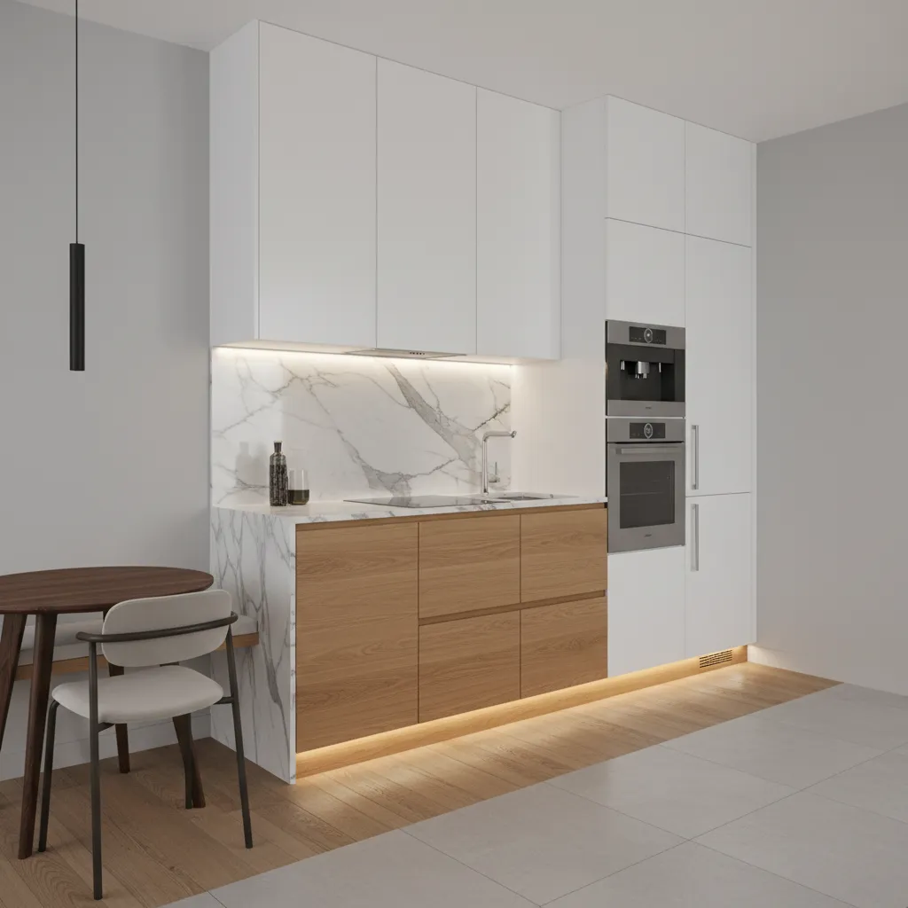 Cocina moderna y compacta con acabados de lujo y diseño minimalista
