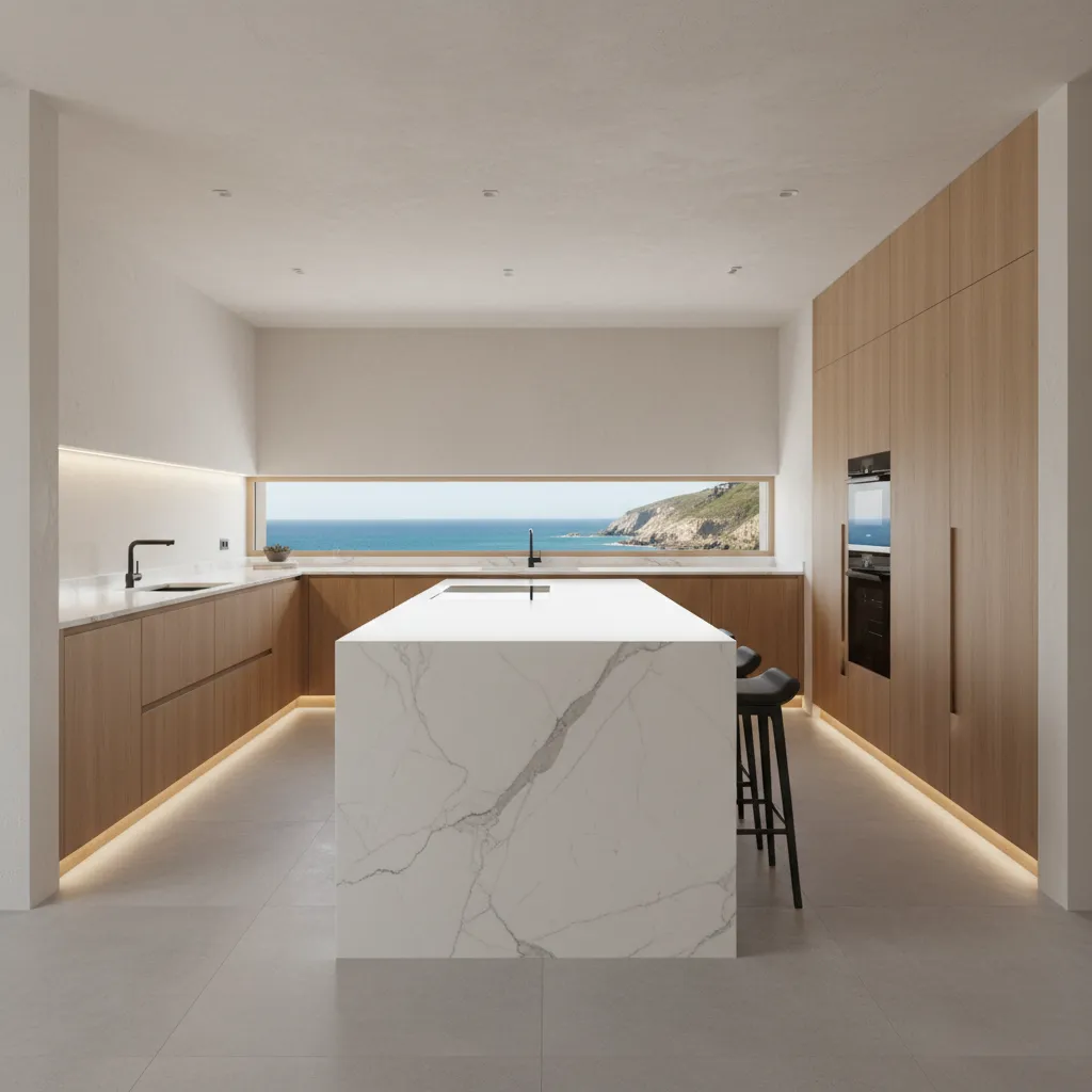 Cocina de lujo moderna con isla central y materiales premium