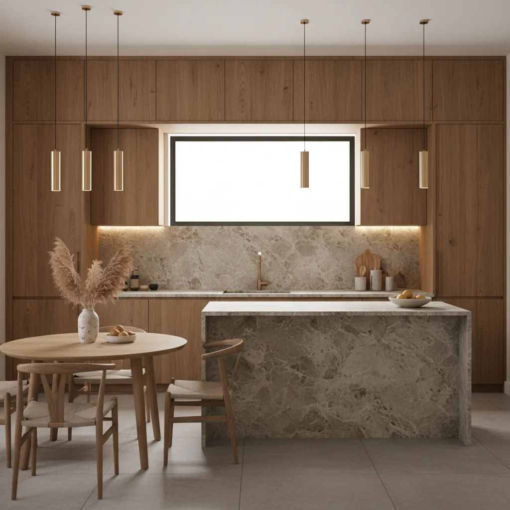 Modern kitchen featuring wooden cabinets, stone island, gold ceiling lights, and a round wooden table