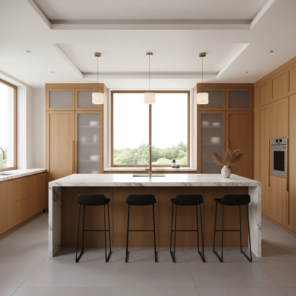 Cocina moderna con encimera de mármol y madera natural