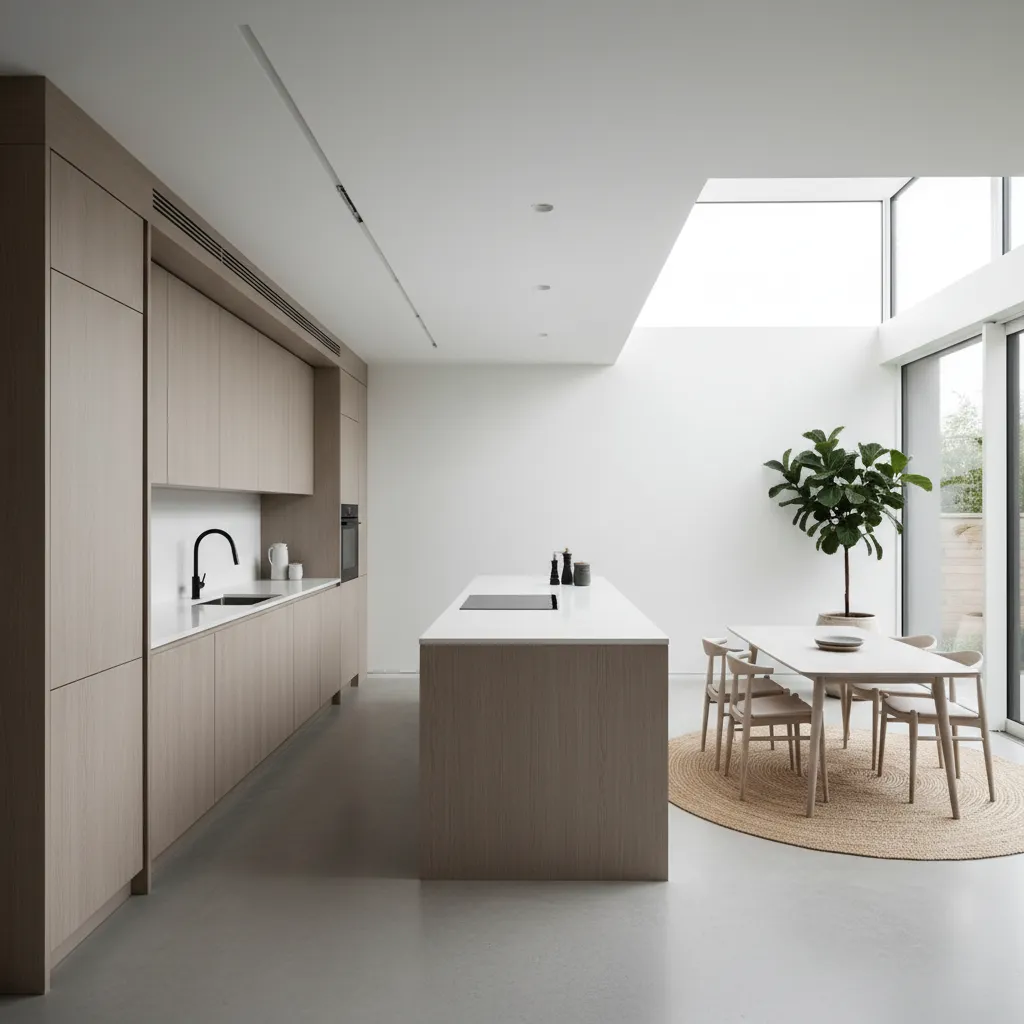 Cocina moderna con suelo de microcemento y muebles minimalistas