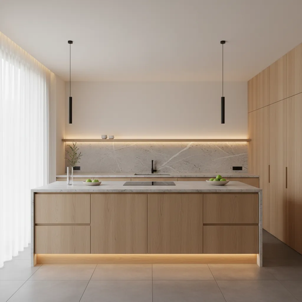 Cocina minimalista con madera, piedra y diseño limpio