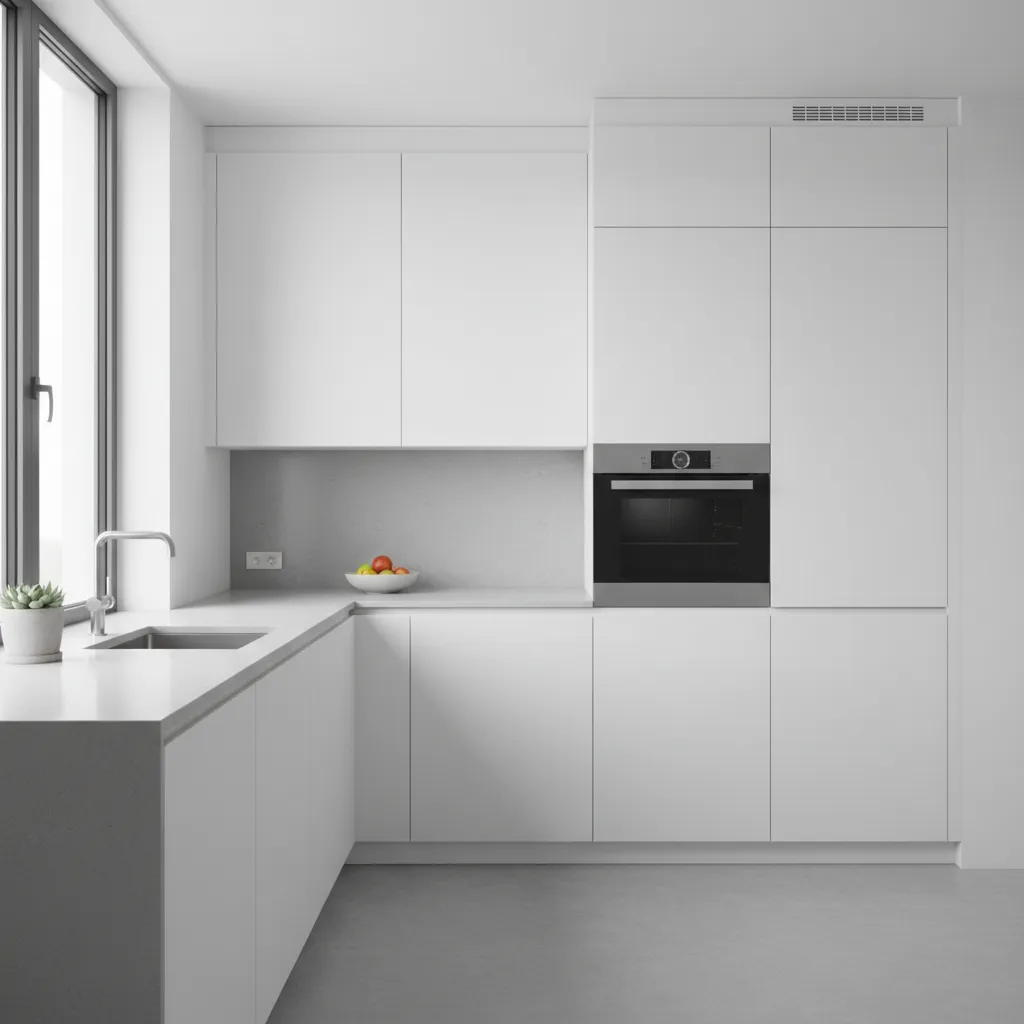 Muebles de cocina blancos sin tiradores con diseño minimalista