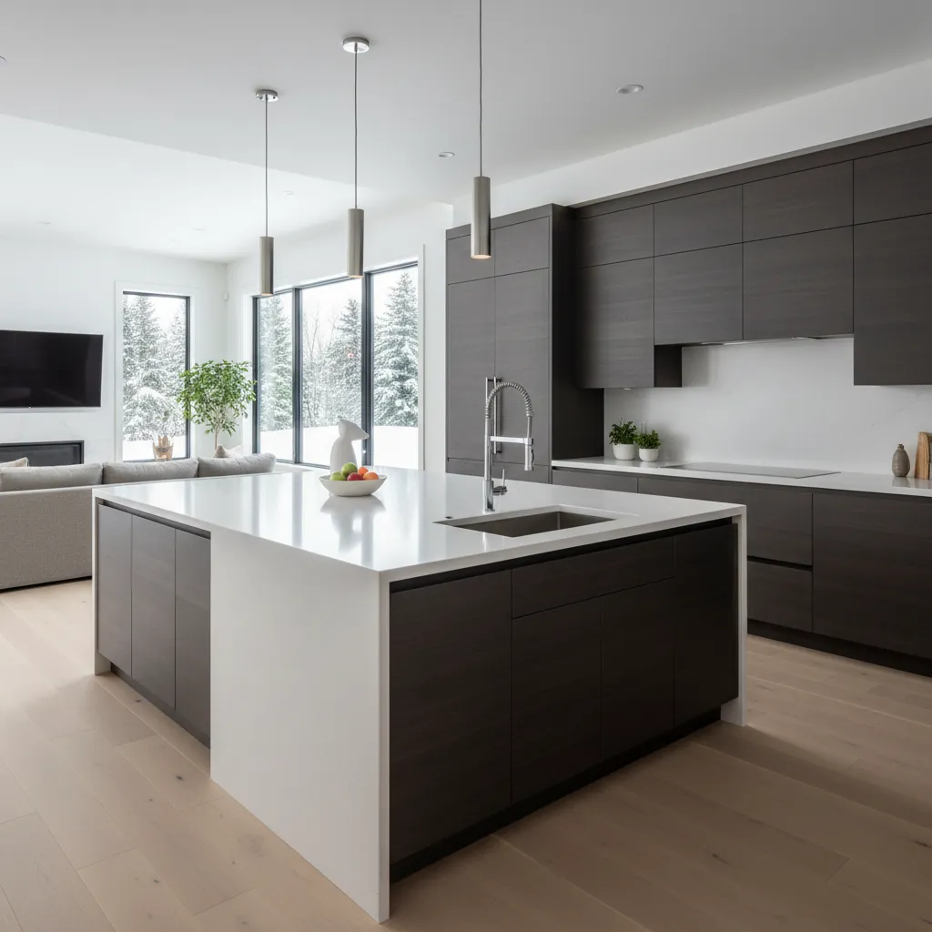 Modern kitchen with dark wood cabinets white island three ceiling lights and snowy forest view