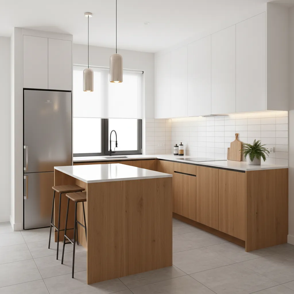 Cocina moderna compacta con isla pequeña en casa de 100 m2