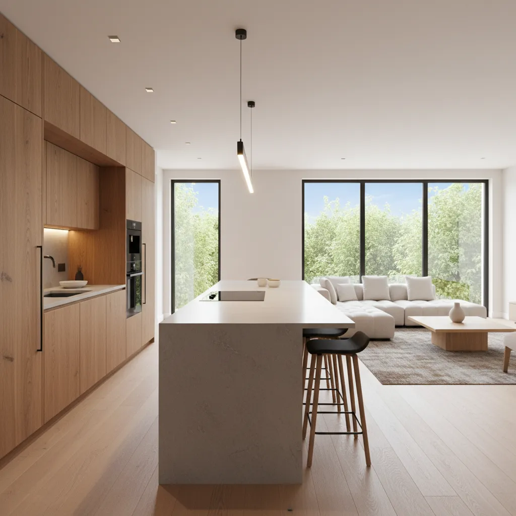 Modern kitchen island with wooden cabinets black stools open to living room with white sofa