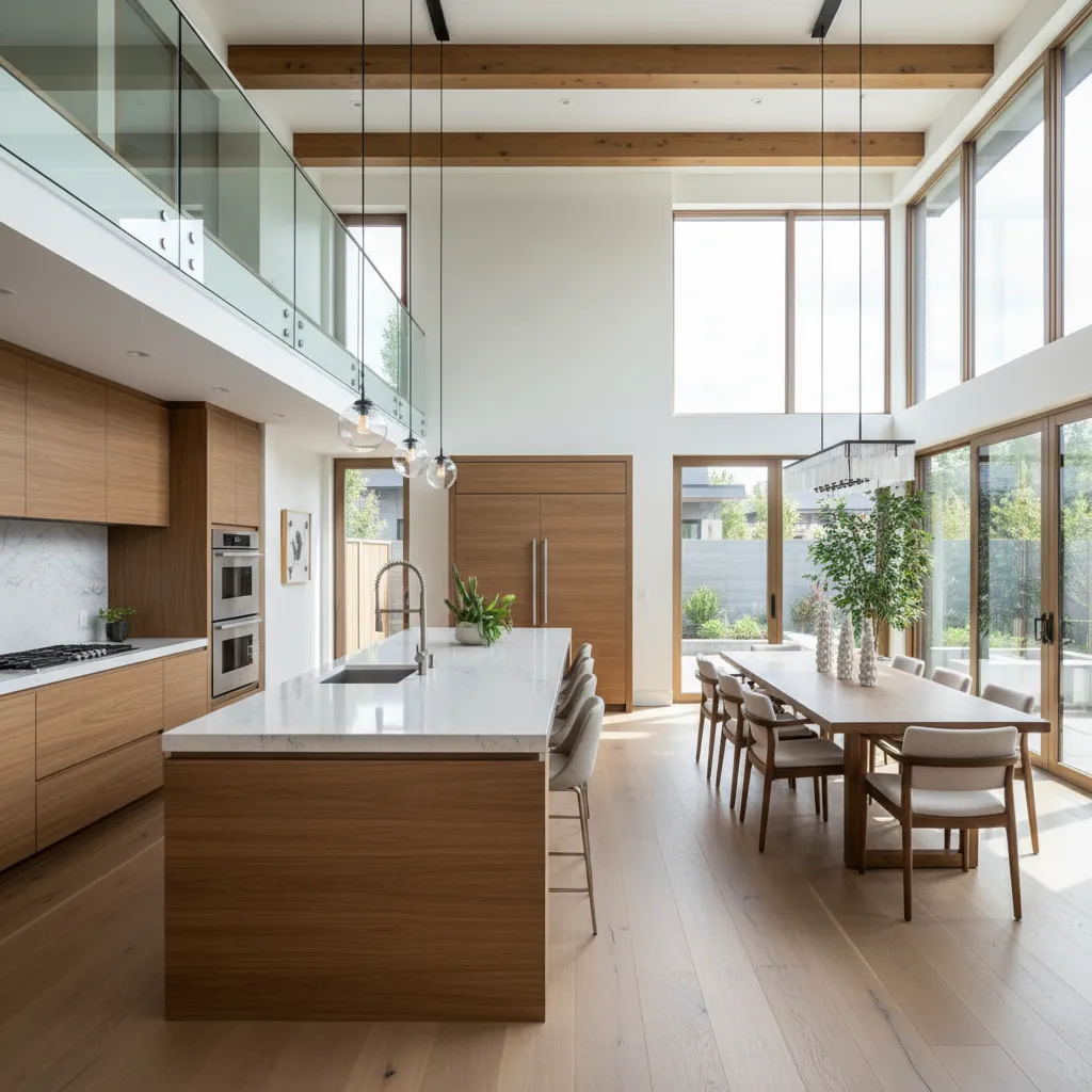 Cocina moderna abierta conectada con comedor en casa de dos plantas