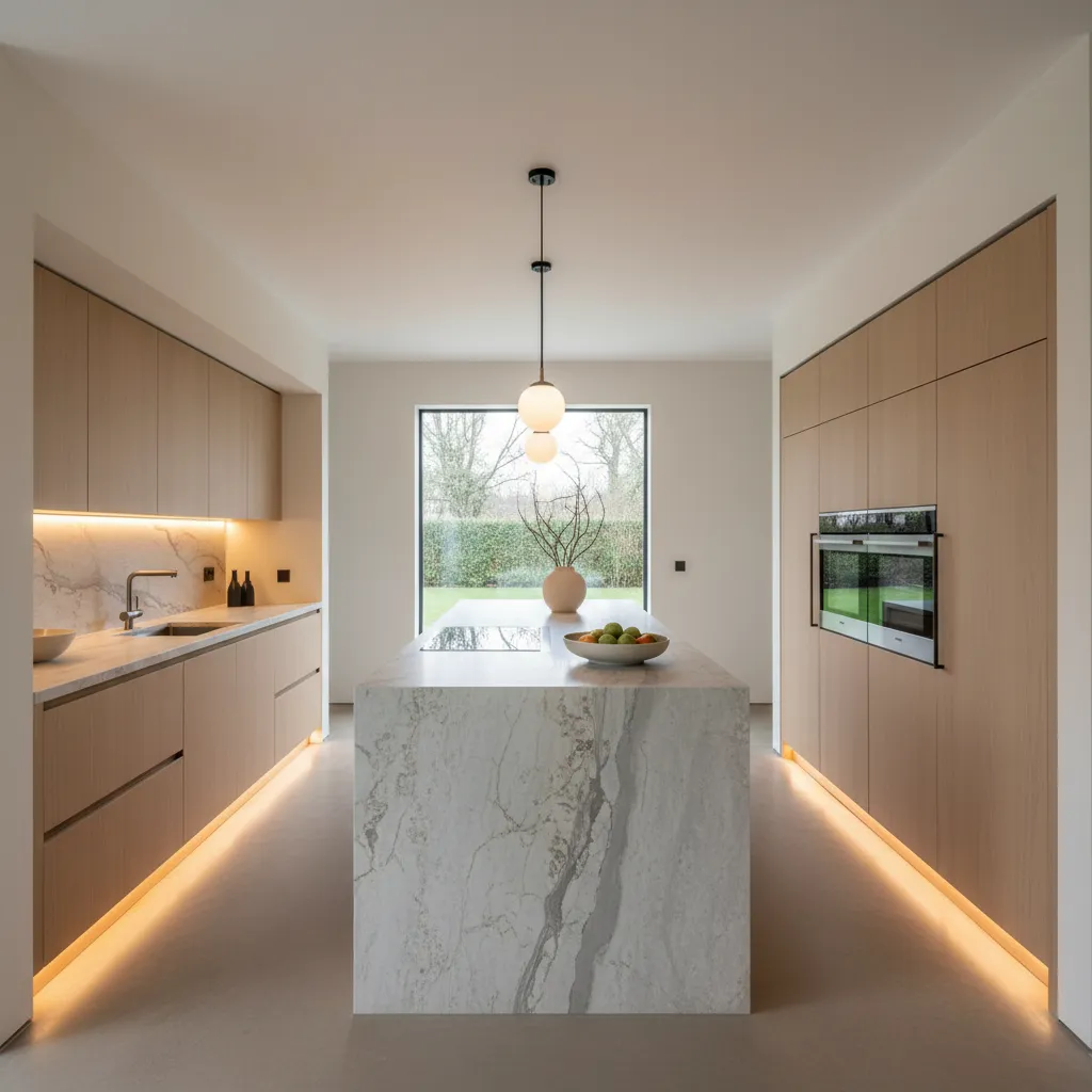 Minimalist kitchen featuring marble island wood cabinets ceiling light and a view of outside garden