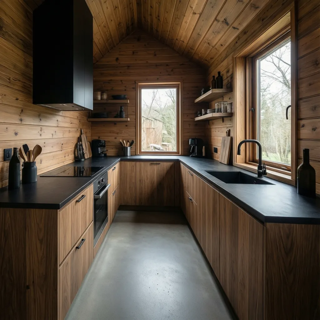 Cocina moderna dentro de una casa de madera