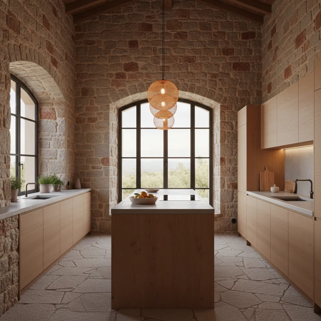 Rustic kitchen featuring stone walls wooden cabinets center island stone floor arched windows and light