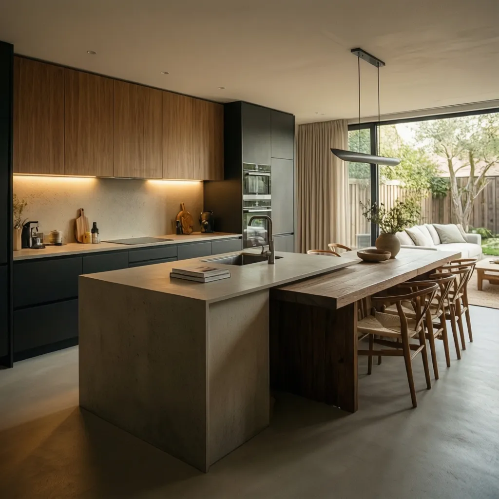 Cocina moderna abierta hacia el comedor