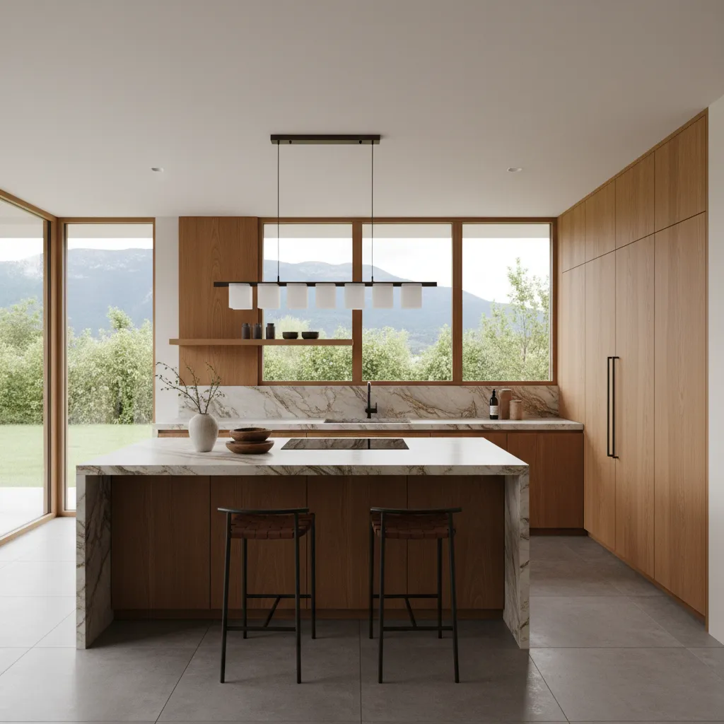 Modern kitchen with marble island wooden cabinets black bar stools ceiling light and large windows