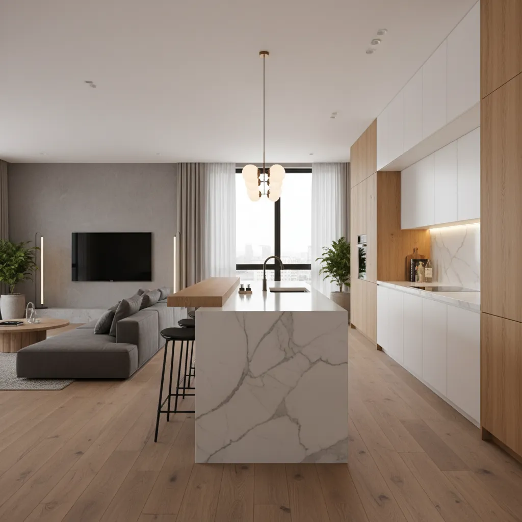 Cocina moderna con isla central integrada al salón