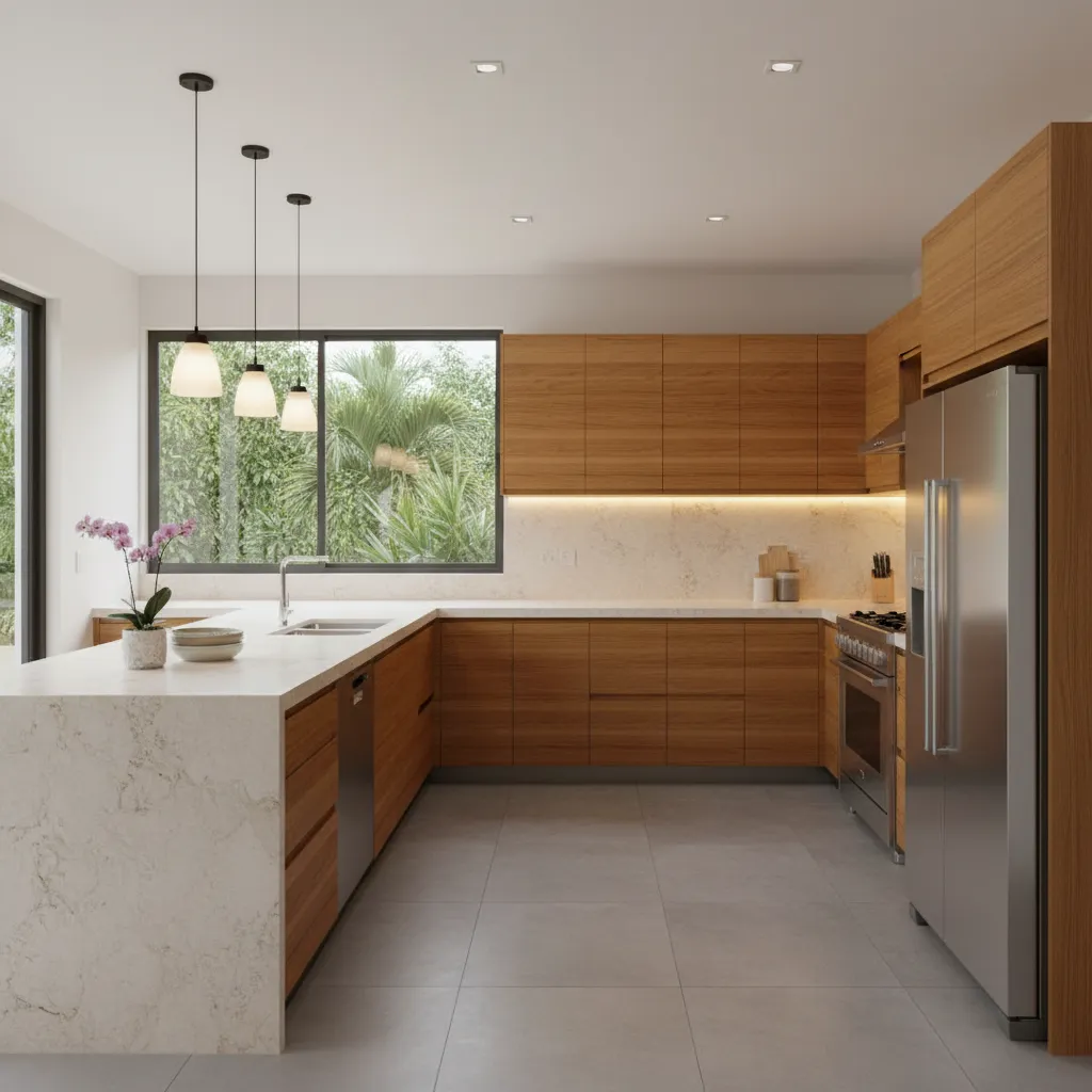 Cocina moderna con distribución funcional y materiales naturales