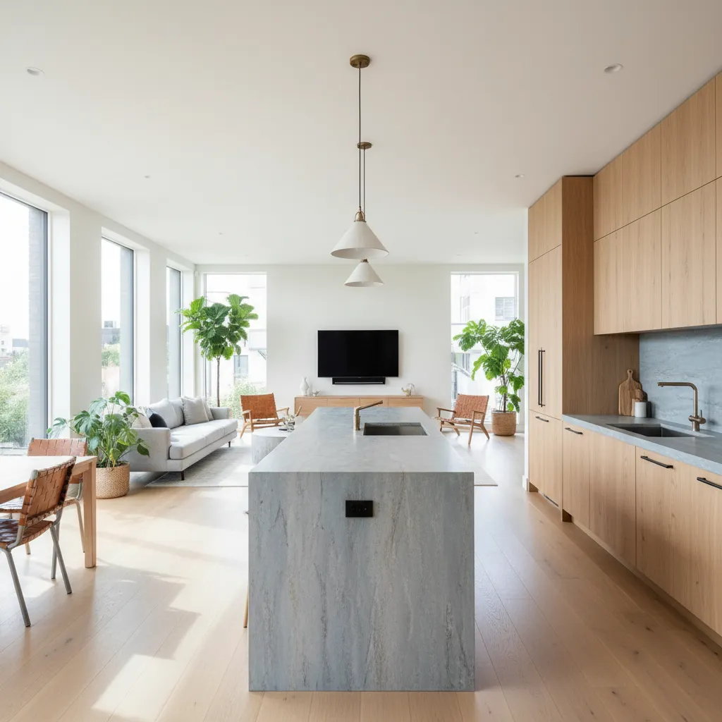 Cocina moderna abierta al salón inspirada en tendencias televisivas