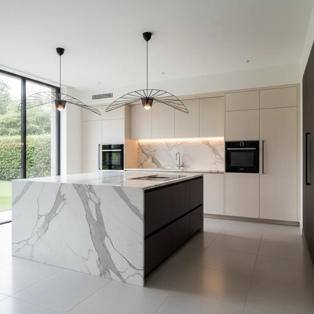 Cocina moderna de lujo con isla central grande y diseño minimalista
