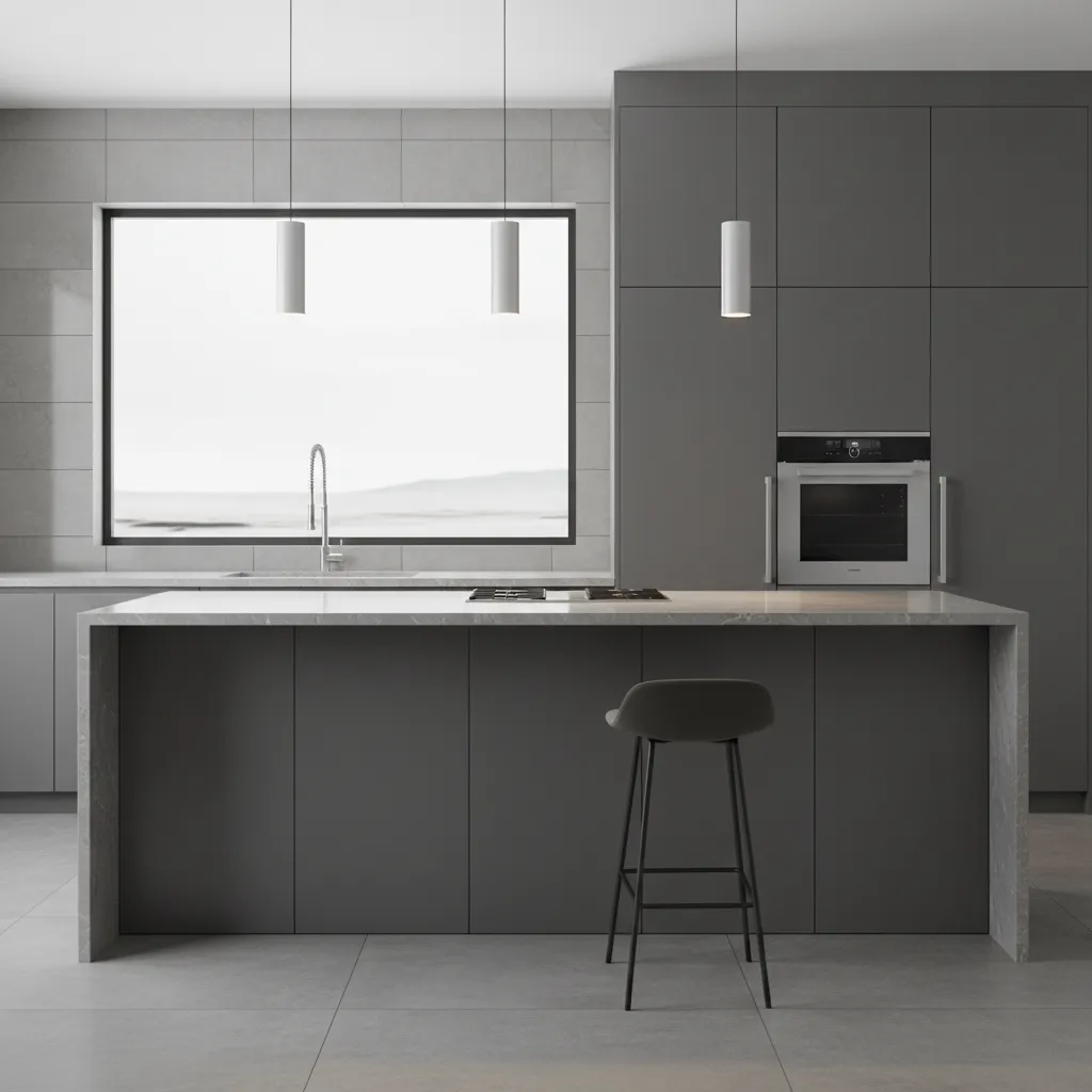 Cocina moderna gris con encimera de piedra y diseño minimalista