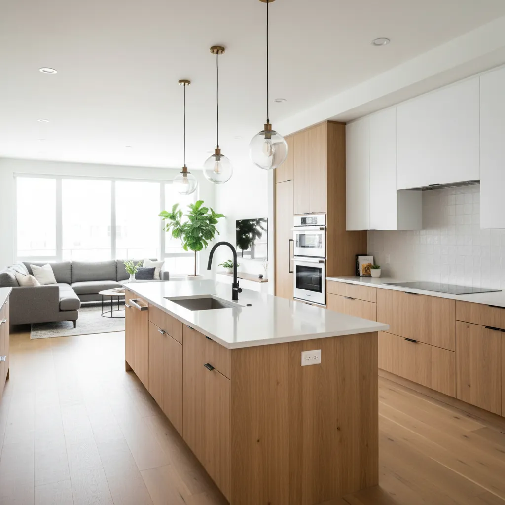 Open plan kitchen with wood island white cabinets glass ceiling lights and grey sofa background