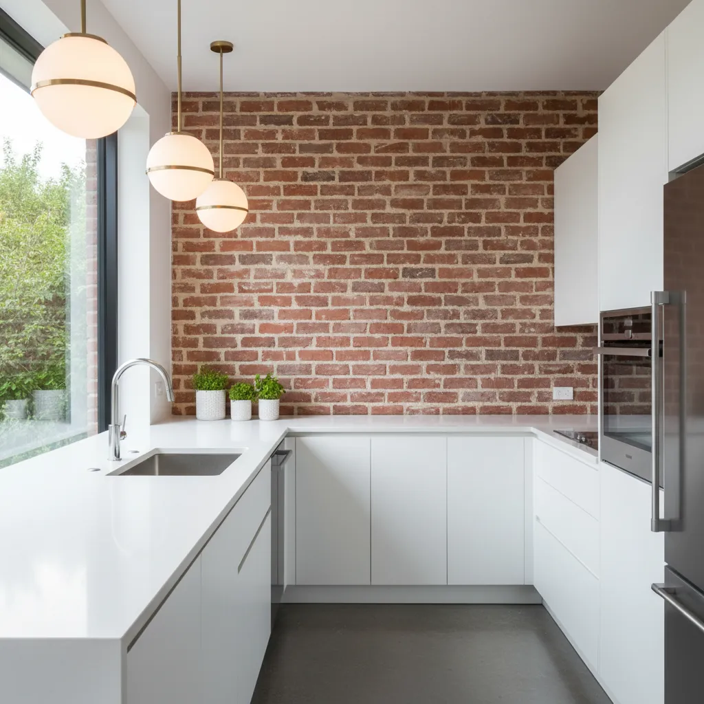 Cocina moderna con pared de ladrillo visto y muebles blancos
