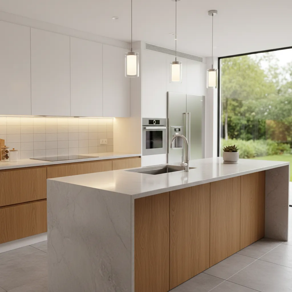 Cocina moderna combinando muebles blancos con madera