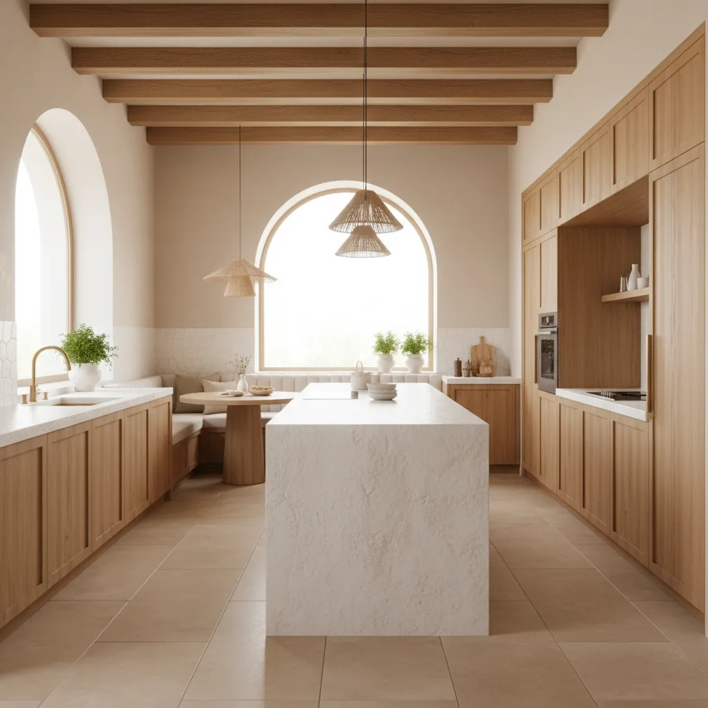 Cocina moderna abierta con estilo mediterráneo en vivienda de Sitges