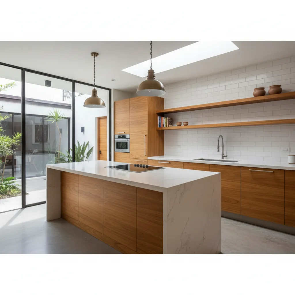 Modern kitchen with white island wood cabinets white wall tiles and light from roof window