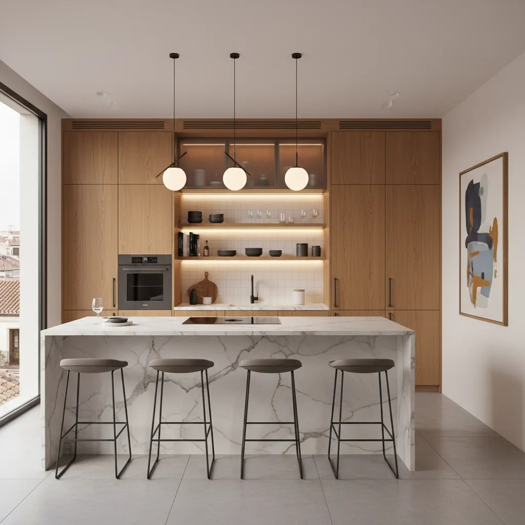 Cocina moderna integrada en un piso reformado en Madrid