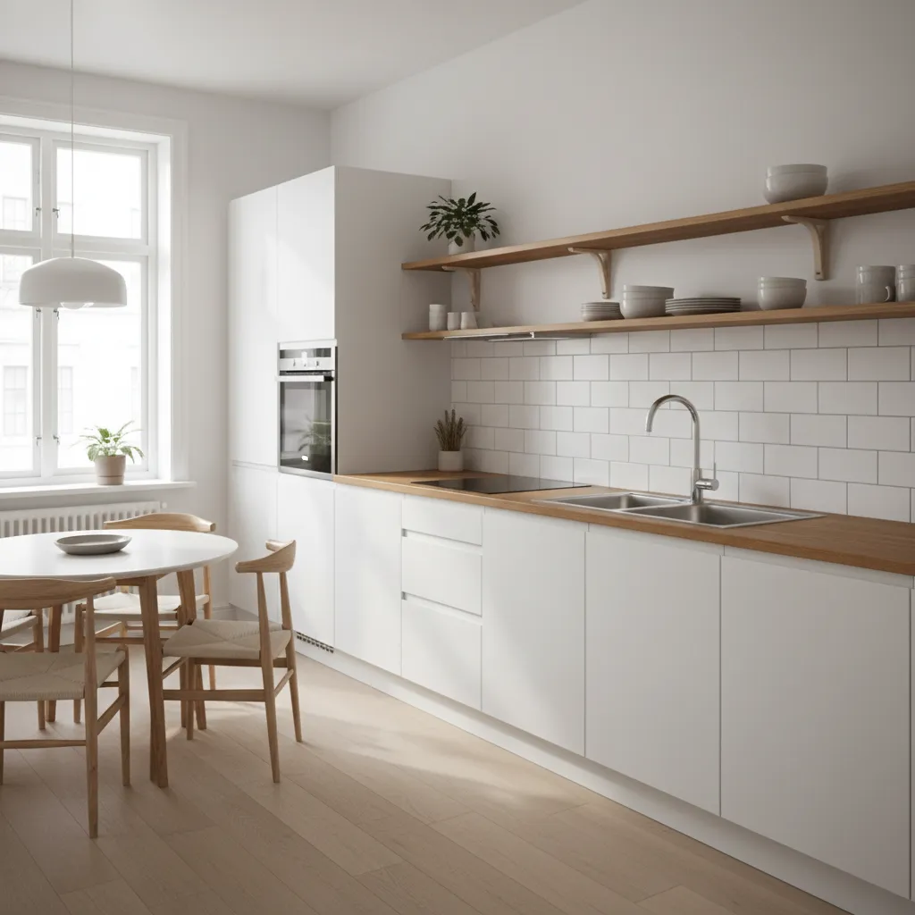 Cocina moderna con módulos estilo IKEA y encimera clara