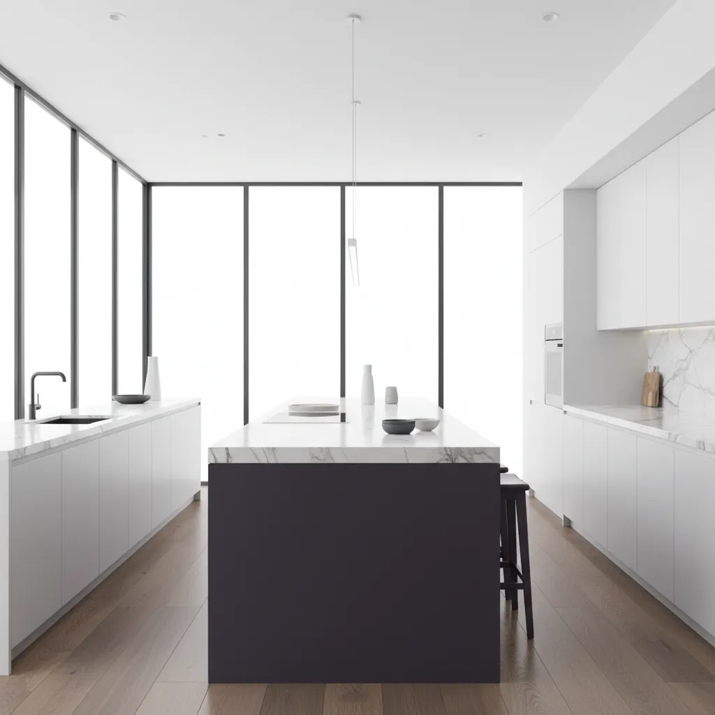 Cocina contemporánea con isla morada y muebles blancos