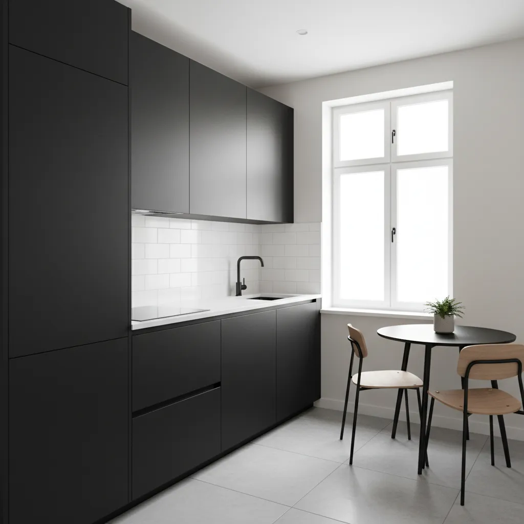 Cocina pequeña negra con paredes claras y encimera blanca