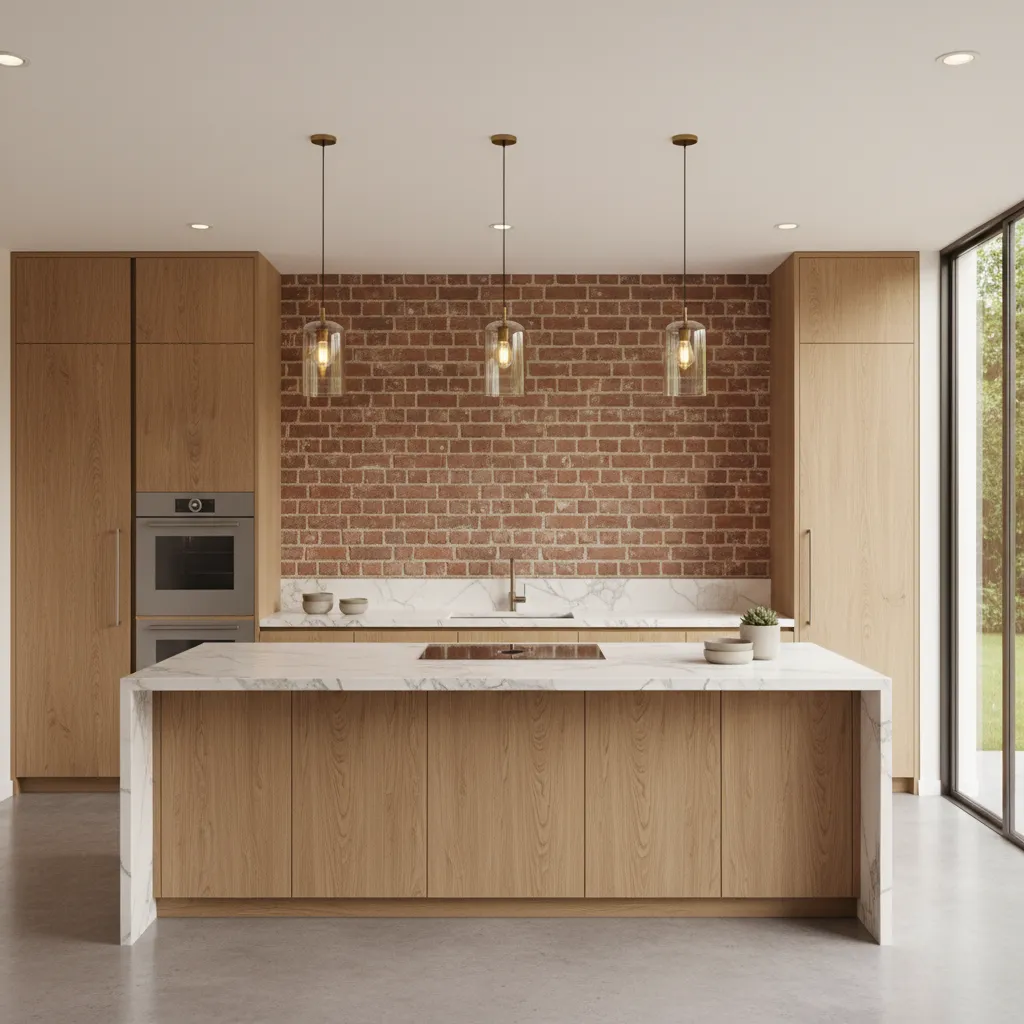 Cocina moderna con pared de ladrillo decorativa