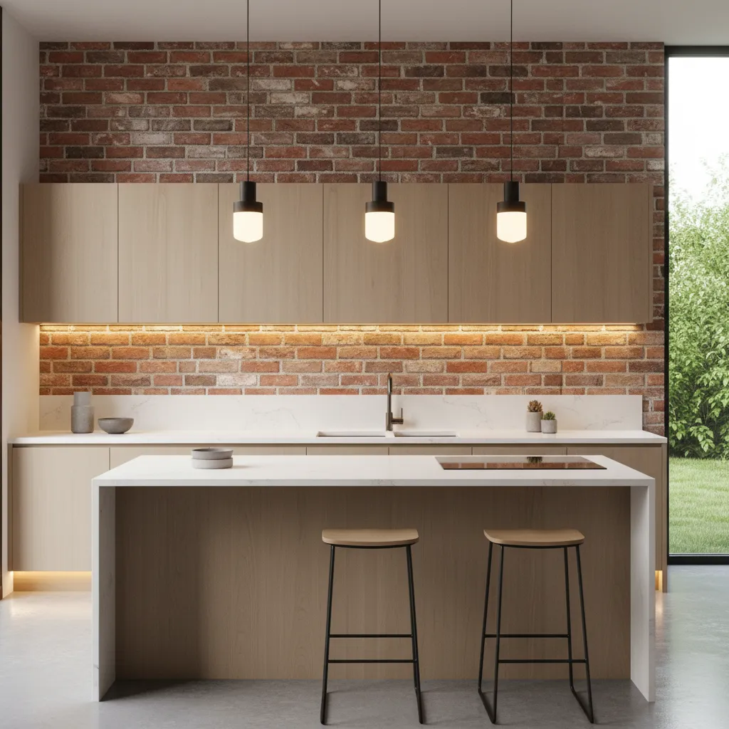 Cocina moderna con pared de ladrillo decorativo