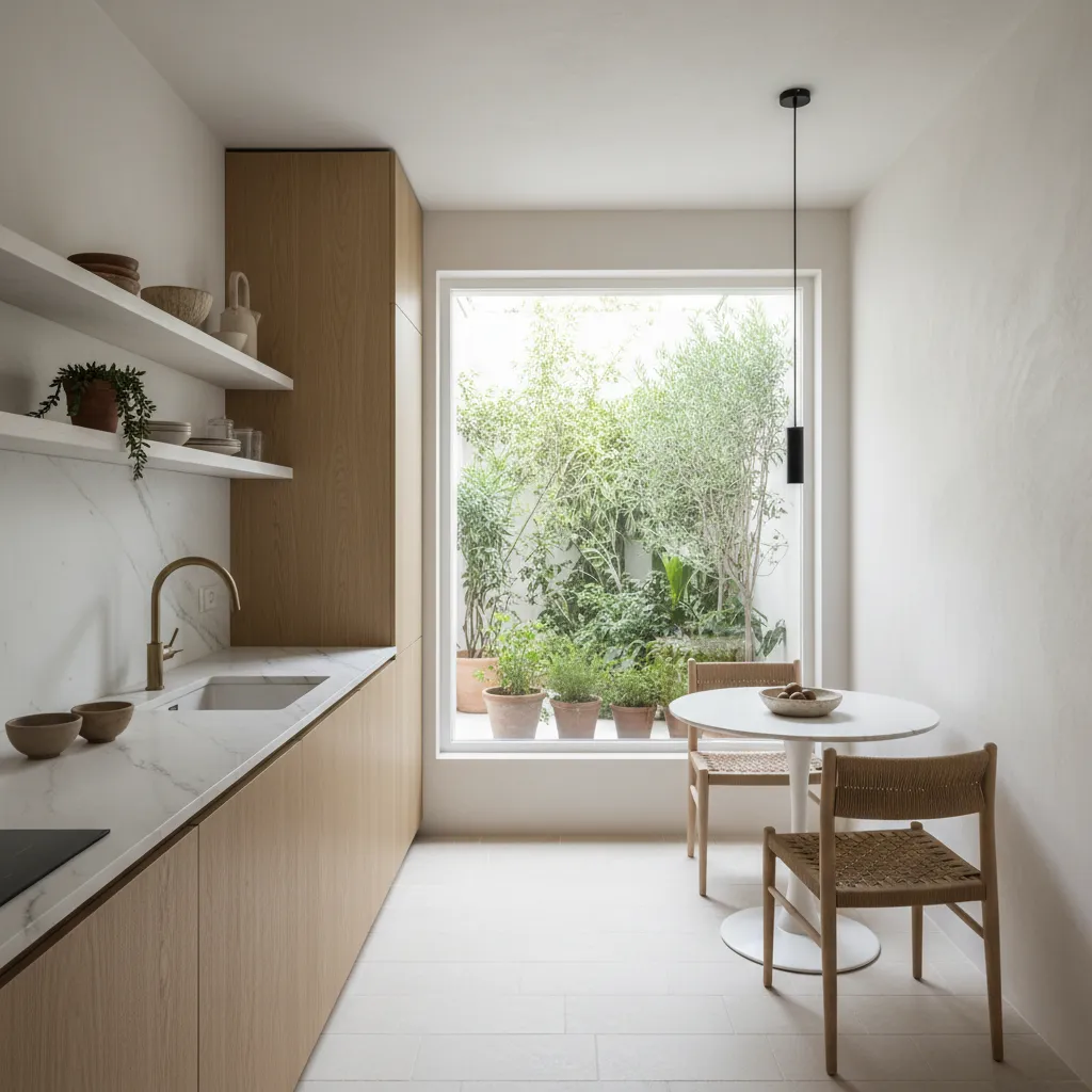 Cocina iluminada por luz natural proveniente de un pequeño patio interior