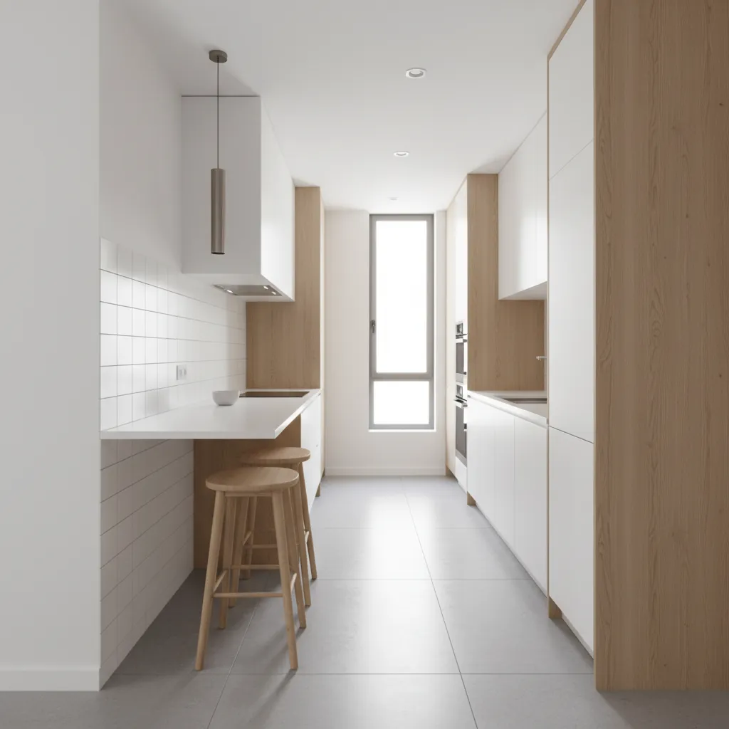 Cocina alargada con pequeña península funcional